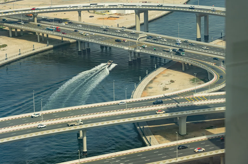 Aerial view of a highway bridge over water